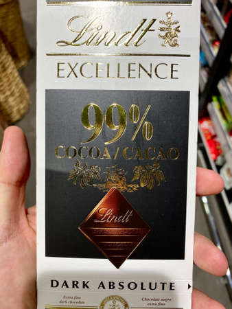 ISTANBUL, TURKEY - MAY 11 2019: Lindt 99 Dark Chocolate with Various Percentage of Cocoa on Sale in...