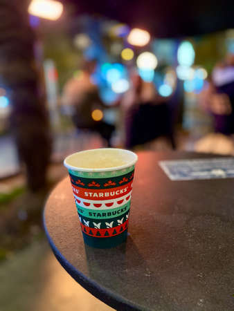 ISTANBUL, TURKEY - MAY 11 2020 Starbucks Hot Beverage Coffee. Christmas Day Collection. Night Shot on Table.のeditorial素材