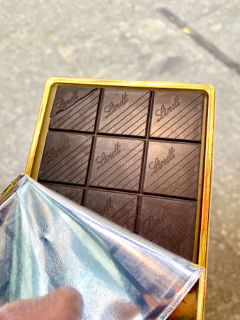 ISTANBUL, TURKEY - MAY 11 2019: Lindt 99 Dark Chocolate with Various Percentage of Cocoa. Ready to Eat.のeditorial素材