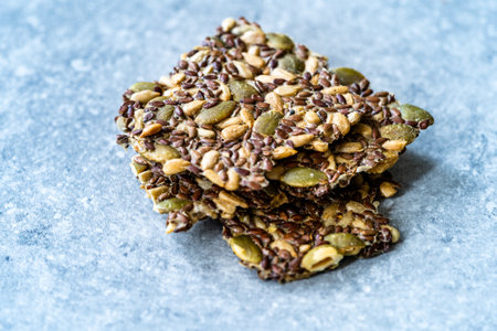 Turkish Homemade Cracker Snacks Biscuit with Sunflower Seeds, Sesame and Dill. Crispy Leaf Bread Crumbs.の写真素材