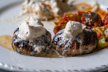 Balkan Answered Kofta Kofte Kebab with Buttercream. Close up Macro View. Ready to Eat.の写真素材