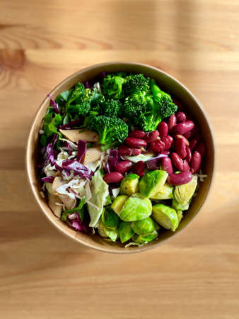 Healthy Food Bowl with Broccoli, Brussel Sprouts, Mexican Beans and Fusili Pasta. Buddha Bowl. Ready to Eat.の写真素材