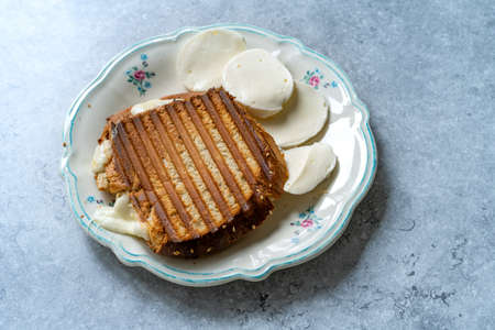 Homemade Grilled Cheese Mozzarella Toast Sandwich in Plate. Ready to Eat.