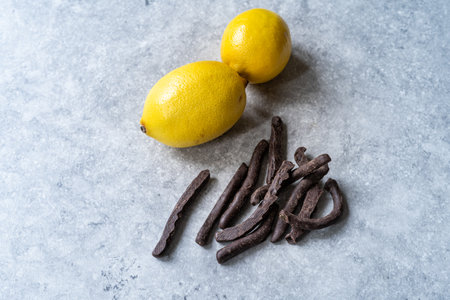 Dark Chocolate Covered Candied Lemon Sticks. Healthy Snacks. Ready to Eat.の写真素材
