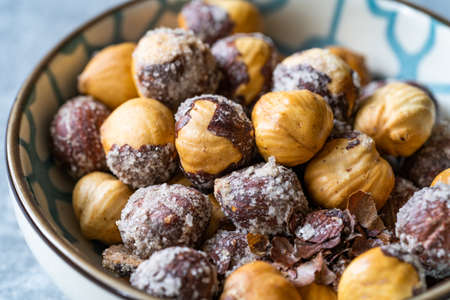 Salted and Roasted Hazelnuts in Bowl. Ready to Eat. Organic Snacks.