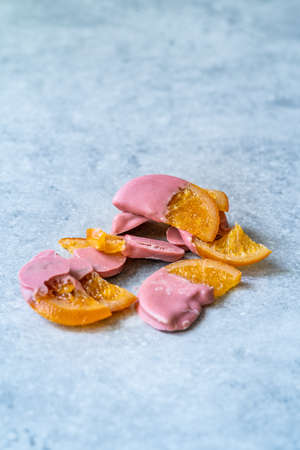 Ruby Chocolate Fruits Covered Candied Dry Orange Slices. Ready to Eat.