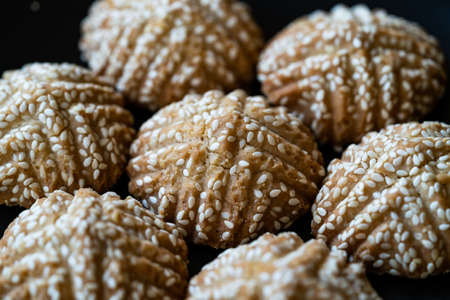 Traditional Kombe Cookies with Mahaleb and Sesame Seeds from Antakya. local food.の写真素材