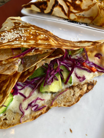 French Style Savory Crepe with Avocado, Purple Cabbage and Cheese. Ready to Eat.