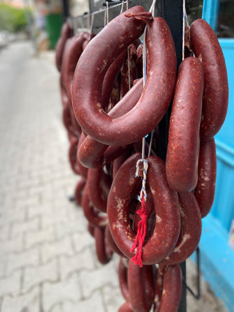 Sucuk meat sausage, Sujuk dry spicy sausage. street food traditional dishの写真素材