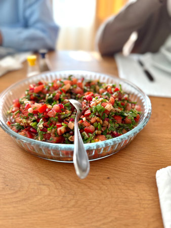 Turkish salad Gavurdagi with walnut. coban or choban salad. Ready to eatの写真素材