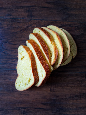 sourdough bread slices with turmeric handmade. Ready to eatの写真素材