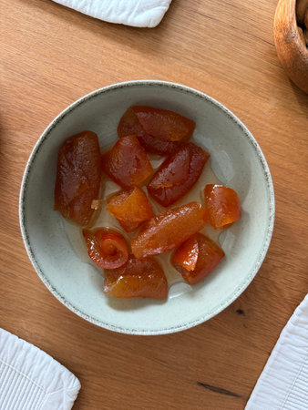 Traditional delicious Turkish cuisine Pumpkin dessert or jam Turkish name Kirecte pumpkin jam or pumpkin dessert ready to eatの写真素材