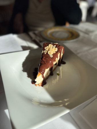 Cheesecake with chocolate sauce served at italian restaurant daylightの写真素材