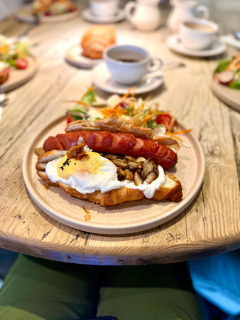 Croissant sandwich with sausage and poached egg served at breakfast on wooden table restaurantの写真素材