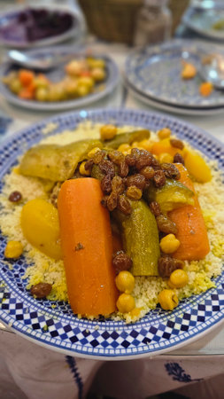 Saffron Couscous with beef and vegetables served with traditional plate ready to eatの写真素材