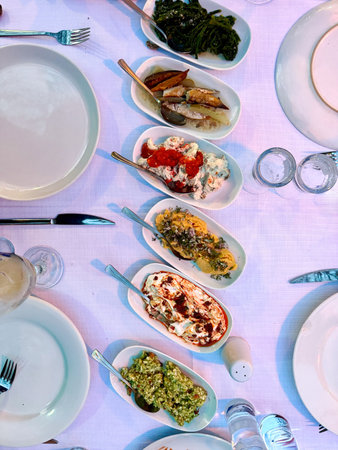 Turkish and Greek Dinner Table at local restaurantの写真素材