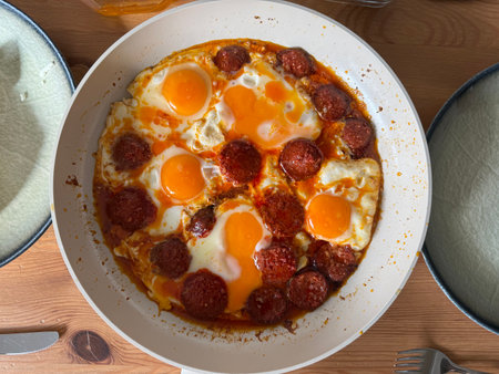 Homemade Sausage Fried Egg sausage egg, egg omelet sausage. Eggs with Sausageの写真素材