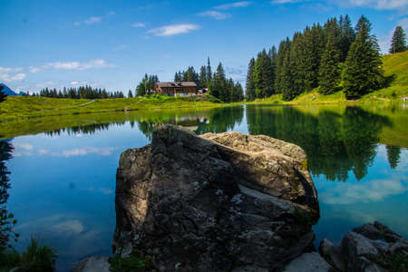 les diablerets in lake of retaud in valais in swissの写真素材