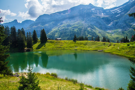 les diablerets in lake of retaud in valais in swissの写真素材