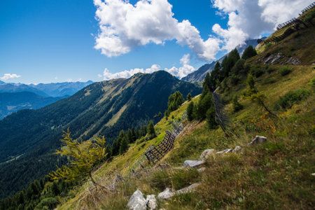 Mountain landscape with a fence in the foreground and the Alps in the backgroundの写真素材