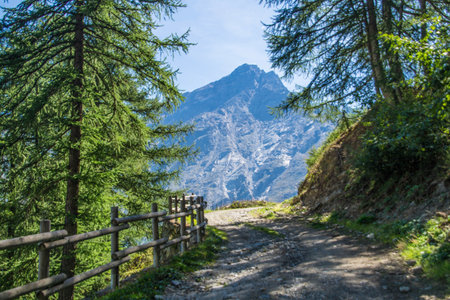 Mountain landscape with a wooden fence and a path in the foregroundの写真素材