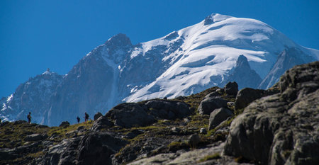 Climbers on the trail to Annapurna Base Campの写真素材