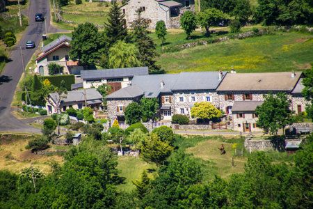 Aerial view of a small village in the French Pyreneesの写真素材