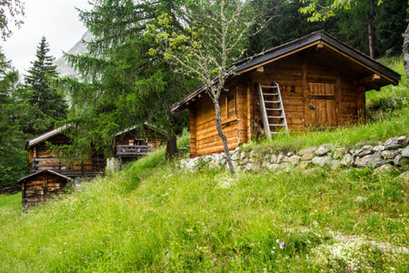 wooden huts in alpine meadow in summer, Austriaの写真素材