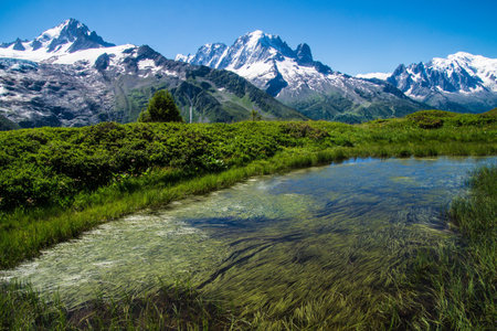 Mountain lake with reflection of the snow-capped peaks in the waterの写真素材