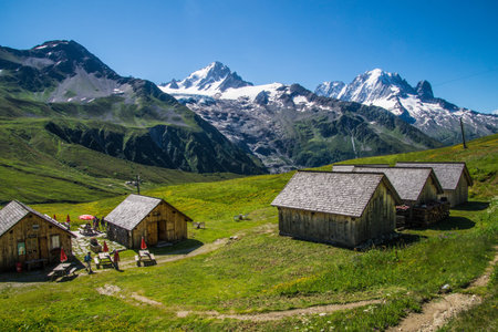Alpine huts in the swiss alps, Switzerland.の写真素材