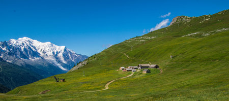 Panorama of the Swiss alps in summer with alpine villageの写真素材