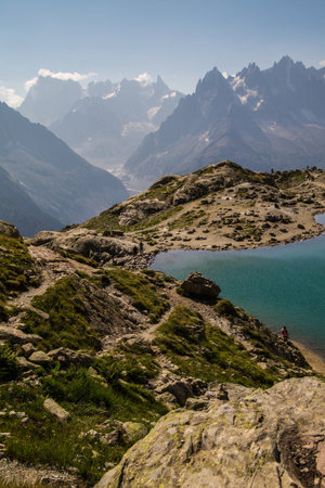 lake blanc in chamonix in haute savoie in franceの写真素材