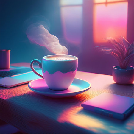 Coffee cup on the table with laptop and notebook in the roomの素材