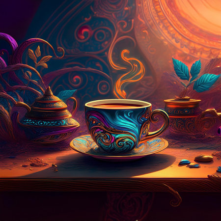 Cup of tea with teapot on a wooden table. Vector illustration.の素材