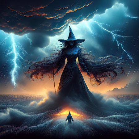 Witch in a dark stormy sky. 3d illustration.の素材
