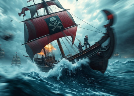 A fierce pirate ship battles crashing waves under a dramatic sky at sunset. Crew members stand ready on deck, preparing for an impending confrontation.の素材