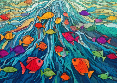 A variety of brightly colored fish navigate through lively ocean waves, creating a vibrant and energetic underwater scene. The artwork captures the beauty and diversity of marine life.の素材