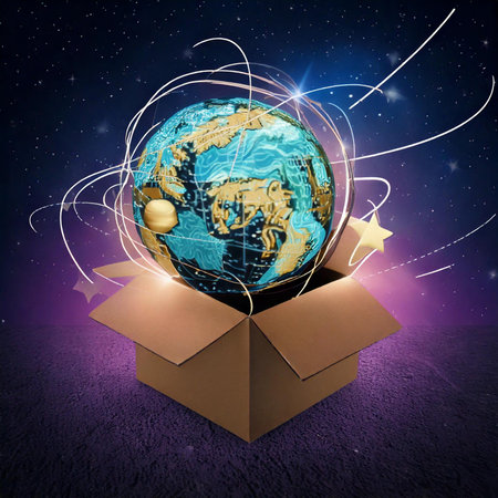A globe is animatedly emerging from an open cardboard box, surrounded by swirling lines and stars in a dark cosmic background, symbolizing discovery and adventure.の素材