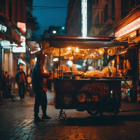 A street vendor stands beside a well-lit cart filled with colorful snacks under warm lights, creating an inviting atmosphere. Shoppers explore the market at dusk.の素材