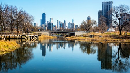 Chicago skyline. Chicago downtown skyline at duskの写真素材