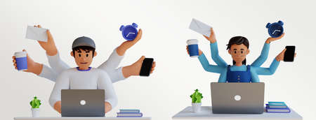 multitasking male and female character set 3d rendering