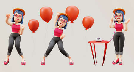 Happy and Social Business woman Female Character Set 3d renderingの写真素材