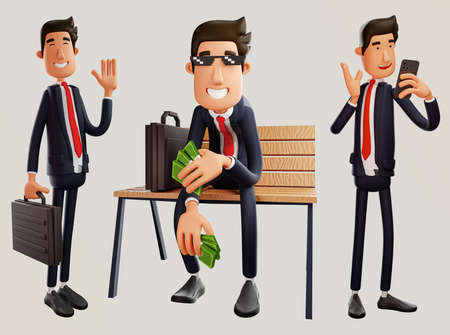 Happy and Social Business man male Character Set 3d rendering