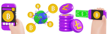 crypto icon set on isolated background 3d rendering