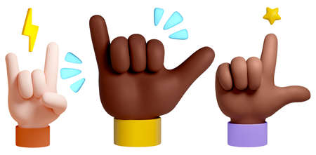 cartoon human hand poses on white isolated background 3d rendering
