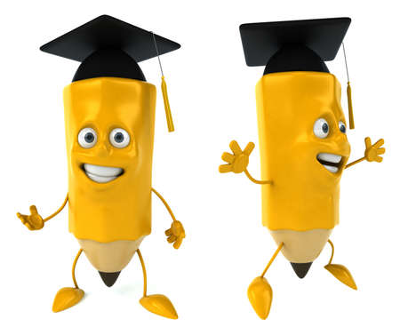 Cartoon pencil character in graduation cap and mortarboard pose. 3D rendering.の写真素材