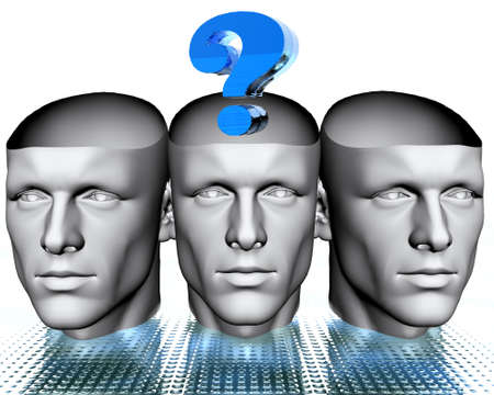3D man heads with blue question markの写真素材