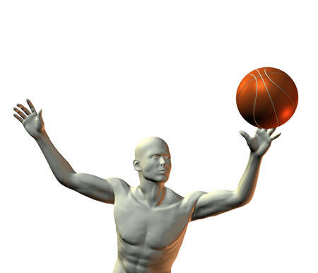 3d cyber boy with basket ball isolated on a white backgroundの写真素材