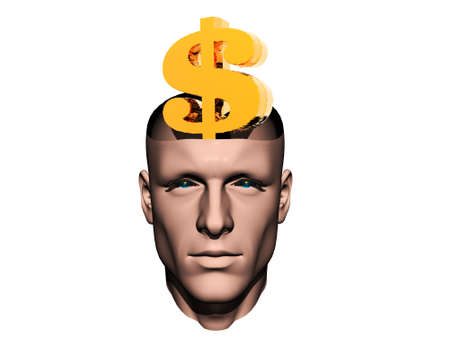 3D men head with golden us dollar sign isolated on a whiteの写真素材