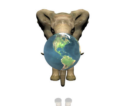 elephant and earth isolated on white backgroundの写真素材